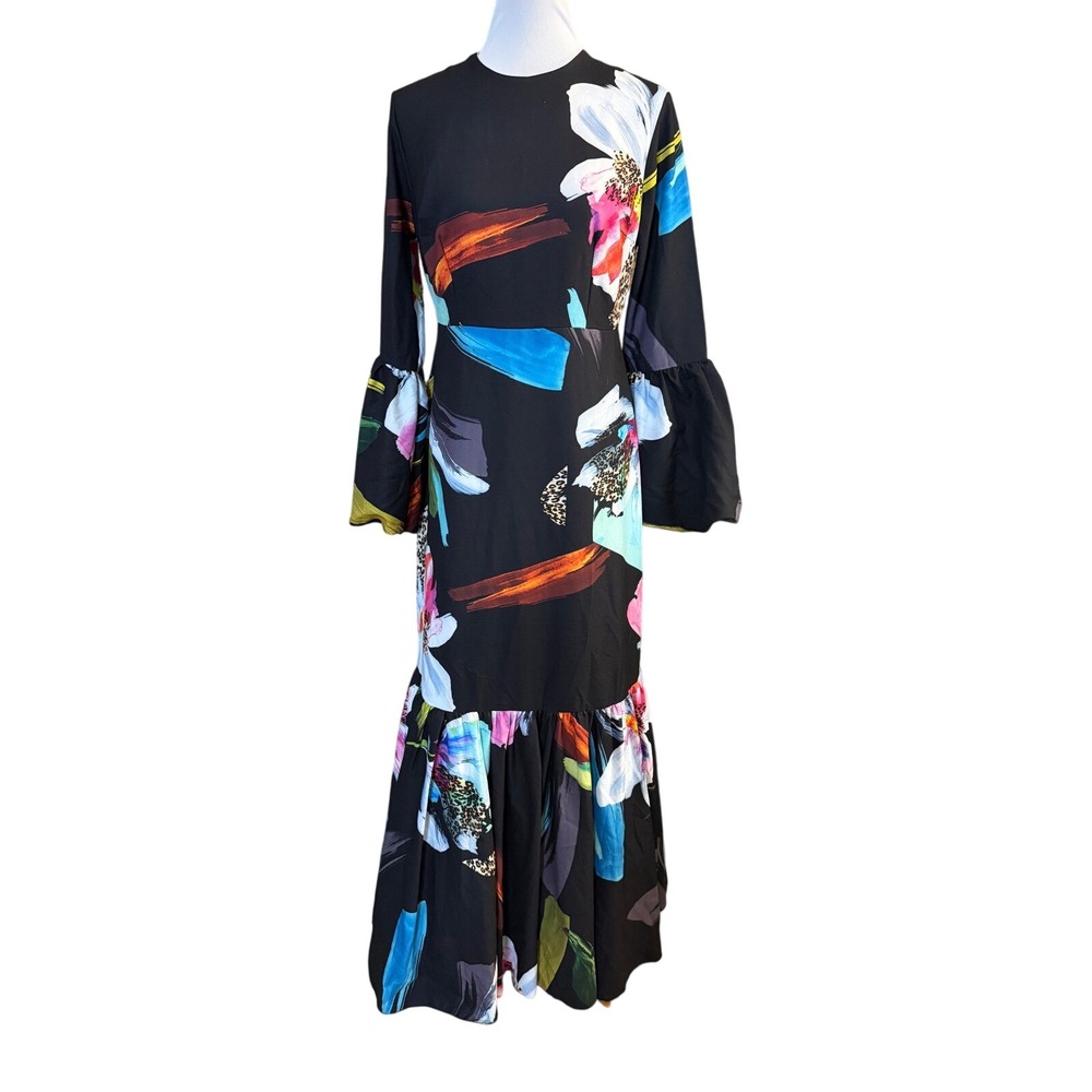 Annah Hariri Maxi Dress Women 10 Black Floral Abstract Animal Print Modest